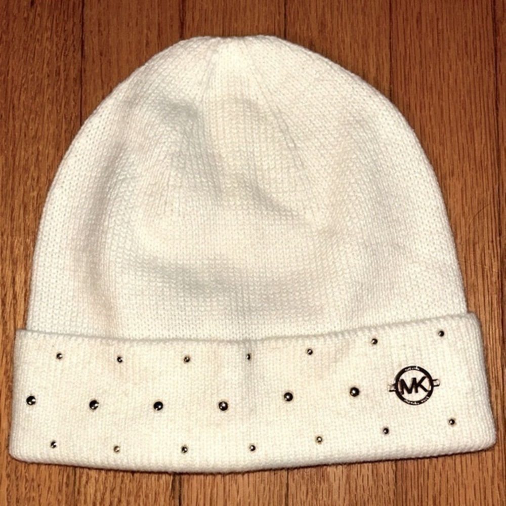 Michael Kors Cream Beanie Toboggan Gold Metal Logo & Stud Embellishment OS